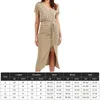 Casual Dresses Summer Hip-Wrapped Dress V Neck High Midist Hem Split Midi Drawstring Hip European Fashion For Cocktail Party