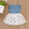 Abiti da ragazza Baby Fashion Ruffle Bow Denim Dress Polka Dot Mesh 1-6Y Bambini Bambini Estate Casual senza maniche Abiti prendisole 2023