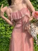 カジュアルドレスレースエレガントな女性の誕生日ドレスシックなピンク甘い花柄ストラップフリルミディクラブガウンビーチローブファム Vestidos Ropa Mujer