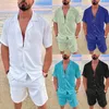 Męskie dresy letnie dorywczo luźne zestawy dwuczęściowe plaża solidna bawełniana pościel garnitur męski koszula z krótkim rękawem i szorty stroje biurowe 230712