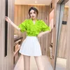 Work Dresses BULOCHOVA Designer Summer Women's Suits V Neck Chiffon Ruffles Short Tops Pleated Mini Skirt 2 Pieces Sets Clothes 2023