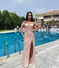 Sexy Light Pink Plus Size Sheath Prom Dresses for Black Women Pleats Sequined Pearls Draped High Side Split Formal Wear Birthday Pageant Second Reception Party Gowns