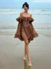 Sukienki swobodne Elegancka szyfonowa sukienka Brązowy Flare Long Rękaw Mini wakacje Krótkie imprezy Palezniki Slash Szyjka 2023