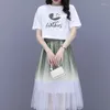 İş elbiseleri Kadın Gradyan Renk Yaz Tül Etek İki Parçalı Setler Baskı Pamuk T-Shirt Elastik Bel Sizli Uzun Maxi Kafes Seti