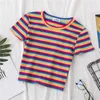 Camiseta feminina de algodão camiseta coreana arco-íris top listrado corte slim fit camiseta Harajuku camiseta verão manga curta roupas femininas 230714