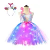 Robes pour filles Robes pastel pour filles avec lumières LED Fête d'anniversaire pour enfants Robe rougeoyante Costumes de sirène pour enfants Bébé fille Arc-en-ciel Licorne Tutu 230714