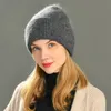 GorroSkull Caps Chapéu Feminino Casual Gorro de Pele de Coelho Real Senhoras Outono Inverno Caxemira Chapéus Três Dobras Grossos Malha Meninas Skullies Gorros Boné 230713