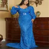Plus -storlek blå paljett aftonklänning 2023 sydafrikansk sjöjungfru lång ärm klänning för svarta flickor glittrande formell festklänning elegant födelsedagsdans klänning
