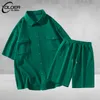 Herrspårar Summer Green Short Sleeve Shirt Set Trend Loose Two -Piece Fashion High Quality Cortile Betvit Dreable Outfit 230714