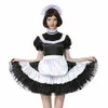 Sissy French Maid Låsbar svart satinklänning Kostym Crossdress Pleated Style3130