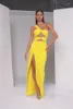 Vestidos casuais verão amarelo na altura do tornozelo feminino sexy um ombro sem mangas recortado 2023 bodycon moda vestido de festa de aniversário de rua