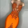 Vestidos de festa laranja penas sereia baile 2023 cristal beading gillter meninas africanas sheer o-pescoço longo aso ebi vestido de noite