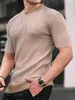 Men's T-Shirts Mens Fashion Lattice Slim Fit T-shirt Casual Sportswear Solid Color Ribbed Hem Round Neck Short Sleeve Tee Top L230713