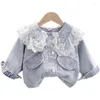 Jackor Spring Autumn Kids denim för flickor baby spets broderi rockar mode barn outwear rippade jeans kläder