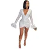 Robes Décontractées Basiques Y Party Night Club Pour Femmes Sparkly Sequin Mesh Plume À Manches Longues V Profond Moulante Mini Robe N57-Gf34 Drop Dhg2O