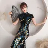 Ubranie etniczne Niebiesko Slim Long Cheongsam Bling cekiny chińskie sukienka z krótkim rękawem scena scena femme elegancka qipao retro impreza s-5xl248m