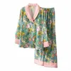 Women's Sleepwear Pyjamas Print Flower Female Pajamas Set Spring Summer Long Sleeve Shirt&Trousers Suit Loose Casual Satin Lounge Wear