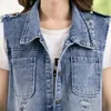 女性のベスト5xlジャクターデニムベストレディース夏の袖のないカーディガンレディースジーンズウエストコート韓国穴長いジャケット