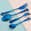 Dinnerware Sets 8Pcs Blue Stainless Steel Cutlery Set Vintage Knife Fork Dessert Spoon Tableware Long Cake Flatware