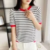 Damska koszulka z krótkim rękawem Tshirt Striped Podstawowy elegancki elegancki allmatch harajuku retro bawełniany nachodzi modne luźne wypoczynek