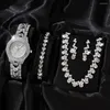 Relógios de pulso 4 peças prata luxo strass conjunto feminino cristal quartzo pulseira relógio de pulso feminino relógio