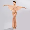 Stage Wear Femmes Costume De Danse Du Ventre Lady Moderne Oriental Dancewaer Robe De Soirée En Dentelle 2 Pièces Sling Off-the-shoulder Blouse Jupe Longue