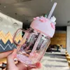 Wine Glasses Ins Glass Straw Cup Water Thermos Bottle Kawaii S Cute Cherry Blossom Coffee Men And Women Gift Couple 230713