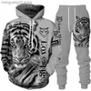 Herrspårsugnar Nya djur 3D Tiger Printed Hoodie + Pants Suit Cool Men/Women 2 PCS Sportkläder Tracksuit Set Autumn and Winter Men's Clothing T230714