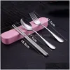 Dinnerware Sets Outdoor Picnic Portable Stainless Steel Tableware Set Activity Travel Three-Piece Fork Spoon Chopsticks With Pp Box Dh7Os