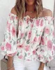 T-shirt da donna Moda donna Stampa floreale rosa Top con spalle scoperte Design con maniche a lanterna Dettaglio legato 2023 Camicette da ragazza casual dolce estate