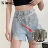 Vrouwen Shorts Ty Diamonds Kwastje Riem Korte Jeans Jong Meisje Hippie Gescheurde Gaten Bezaaid Strass Vrouwen Onregelmatige Hoge Taille Denim