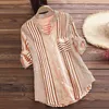 Women's Blouses Spring Fall Cotton Linen Long Sleeves Roll Up Striped Casual V Neck Button Down Shirts Collar Tunic Tops