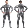 Tuta da uomo Costumi da uomo Cerniera lunga anteriore Grigio argento Lycra lucida Metallica Tuta intera da uomo Costume senza testa Mano Halloween267L