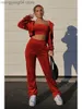 Kvinnors tvåbitar byxor Velvet Tracksuit Women 3 Piece Set Outfits 2023 Spring Clothes Hoodie Crop Top Vest Pants Set Sets Streetwear Y2K Jogging Suit T230714