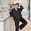 Women's Sleepwear Shirt Pant Long Sleeve Ice Silk Lapel Nightwear Women Sleep Suit Solid Color Home Wear Clothes Embroidery Loungewear