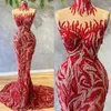 Luxury Red Mermaid Evening Dress Sheer High Neck Prom Gowns Pearl Sequins Sweep Train Custom Made Special Occasion Dresses