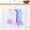 Dog Apparel Summer Clothes Blue Pink Plaid Lace Cat Dress Flower Bow Princess Pet Puppy Costume Sweet Mesh Skirts Clothing