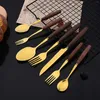 Flatware Sets 4/8/12Pcs Dinner Knife Dinnerware Wood Handle Gold Knives Cutlery Set Stainless Steel Western Kitchen Silverware