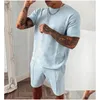 Men'S Tracksuits Mens 2022 Summer Tracksuit Men Casual Sports Set Solid Color Plaid Short Sleeved Shorts Sets Fashion 2 Piece Drop D Dhg8Y