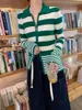 Frauen Strick High-End-Wolle Stricken Hemd 2023 Frühling Mode Streifen Schlank Zipper Strickwaren Dame Elastische Drehen Unten Kragen bluse
