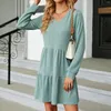 Casual Dresses Womens Solid V Neck Long Sleeve Dress Tunic Short Cotton Knit Summer Halter