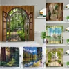 Shower Window Outside Forest Bridge Spring Landscape Creativity Shower Curtain Zen Stone Tree Building Scenery Cloth With Hook