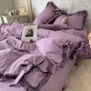 Beddengoed Sets Nordic Grey Dekbedovertrek Koreaanse Prinses Strik Kant Meisje Eenvoudige Effen Kleur Beddengoed Decor Slaapkamer