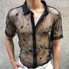 Camisas casuales para hombres Camisa sexy transparente de moda Ropa de manga corta para hombres Bordado de libélula tridimensional See Through Social Club