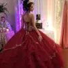 Modern Sliver Embroidery Burgundy tulle Quinceanera Prom dresses High Neck Keyhole Back Crystal Beaded Ruffles Sweet 16 Dress Vastidos De
