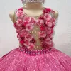 روز ريد لامع فتيات الفتيات اللباس O-رقص كرات الكرة الأميرة زين بلورات حبات 3Dflower Vestidos Para Ninas