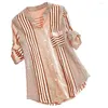 Women's Blouses Spring Fall Cotton Linen Long Sleeves Roll Up Striped Casual V Neck Button Down Shirts Collar Tunic Tops