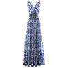 Basic Casual Dresses Menahem Summer Holiday Long Dress Women's Bow Spaghetti Shoulder Strap V-Neck Elastic Waist Blue and Porcelain Print Party Long Robe 230714