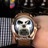 Nowa bąbelka Rose Gold Case L390 03694 Czarna tarcza Srebrna czaszka Tourbillon Automatyczna męska zegarek brązowe skórzane zegarki Hello WAT2568