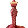 Robe de soirée sirène rouge de luxe pure col haut robes de bal paillettes de perles balayage train robes d'occasion spéciale sur mesure